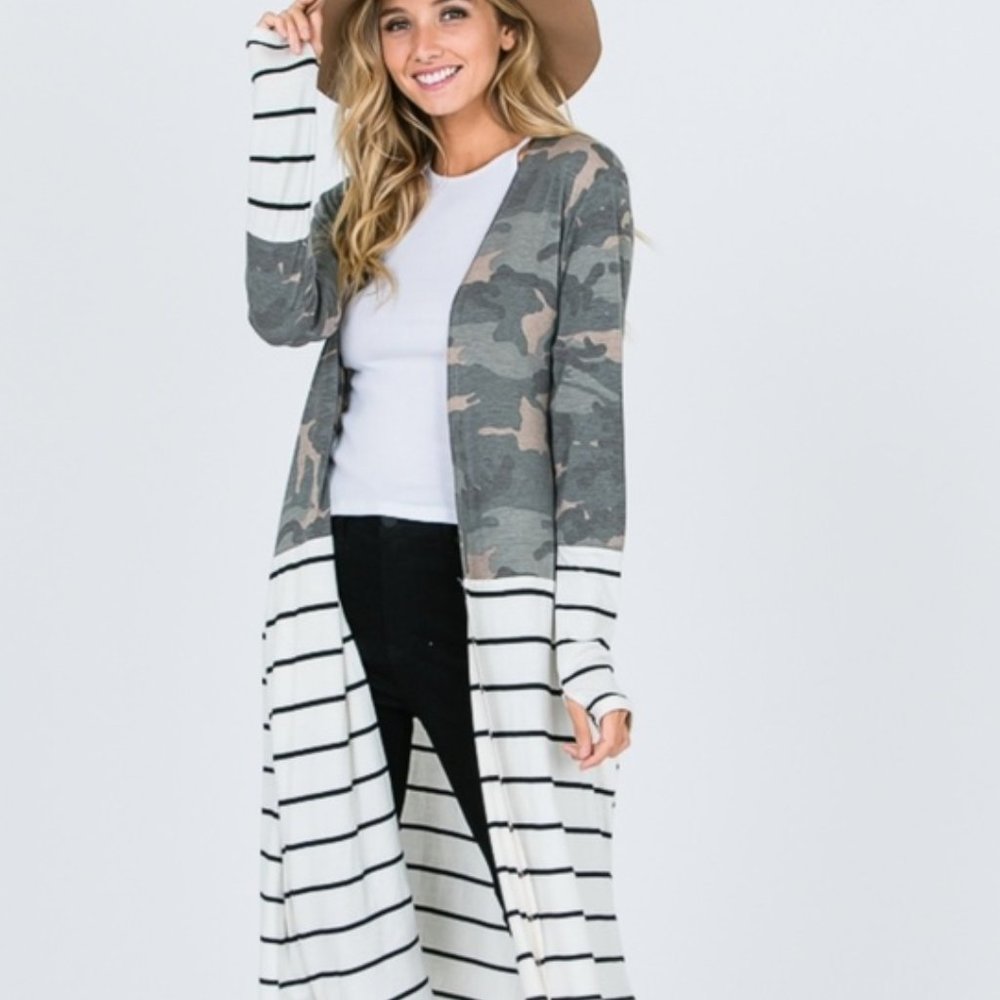 7th Ray Stripe Camo Maxi Cardigan - White/Camo*